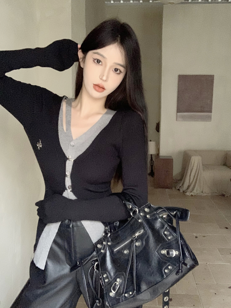秋冬季新款假兩件不規則設計感長袖針織開衫辣妹修身顯瘦V領上衣