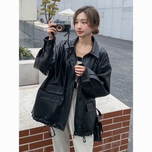 Internet celebrity black imitation leather jacket for women 2024 spring and autumn American and European new Hong Kong style casual pu leather jacket top