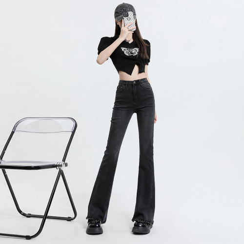 Real shot~ Frayed design bell pants high waist high elasticity casual Korean version versatile high waist skinny jeans for women 