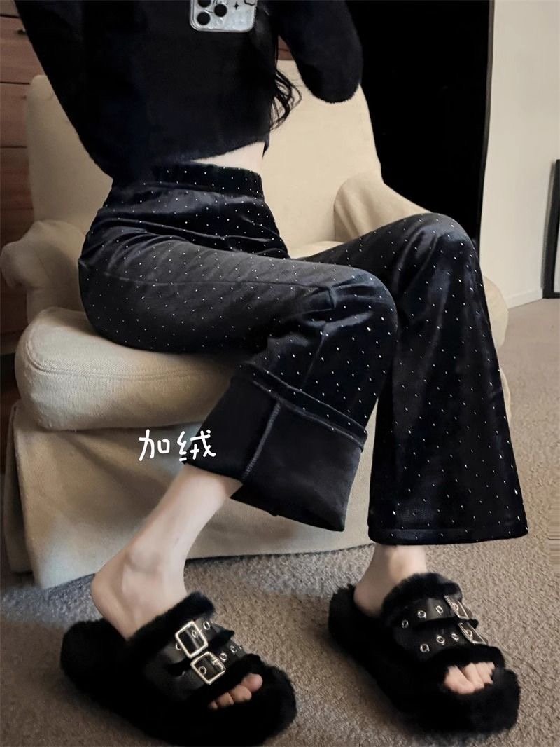 加絨加厚絲絨燙銀休閒褲女秋冬韓版2023新款港風設計感微喇長褲潮