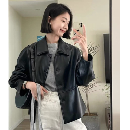 South Korea 2024 Spring and Autumn Hong Kong Style Black Retro Leather Jacket Women's Motorcycle Leather Jacket Short Leather Spring Style