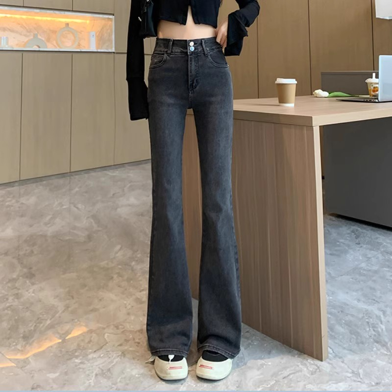高腰雙排扣微喇牛仔褲美式復古辣妹闊腿拖地褲
