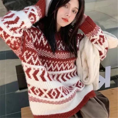 秋冬加厚紅色聖誕洋氣小個子毛衣女復古寬鬆外穿慵懶風內搭針織衫