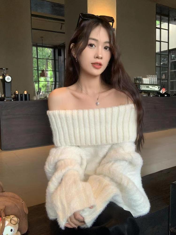 辣妹一字肩軟糯毛衣針織衫女裝秋冬新款設計感慵懶風寬鬆麻花上衣