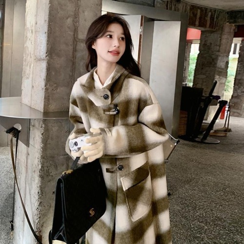 Green plaid retro woolen coat for women autumn and winter  new style French loose temperament high-end woolen coat