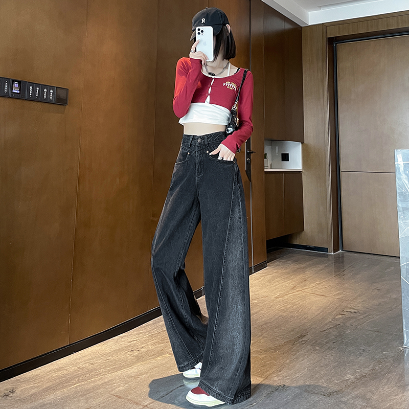 辣妹高街闊腿牛仔褲女春秋款設計拼接美式拖地長褲垂感顯瘦拖地褲