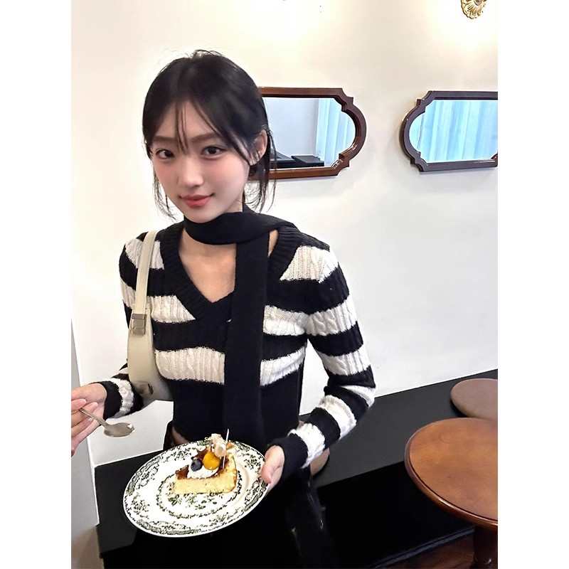 2ND STUDIOS 黑色條紋針織衫短款氣質甜辣風2023年秋季新款上衣女