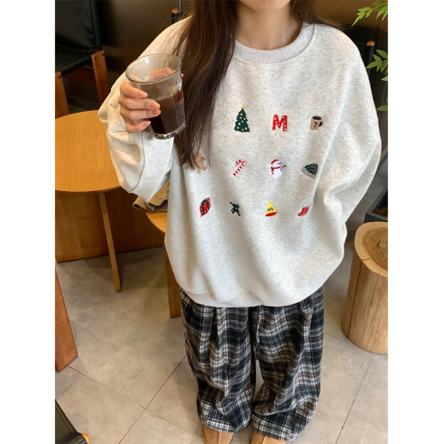 Huamian Shimao Christmas outfit with atmospheric printed red round neck sweatshirt