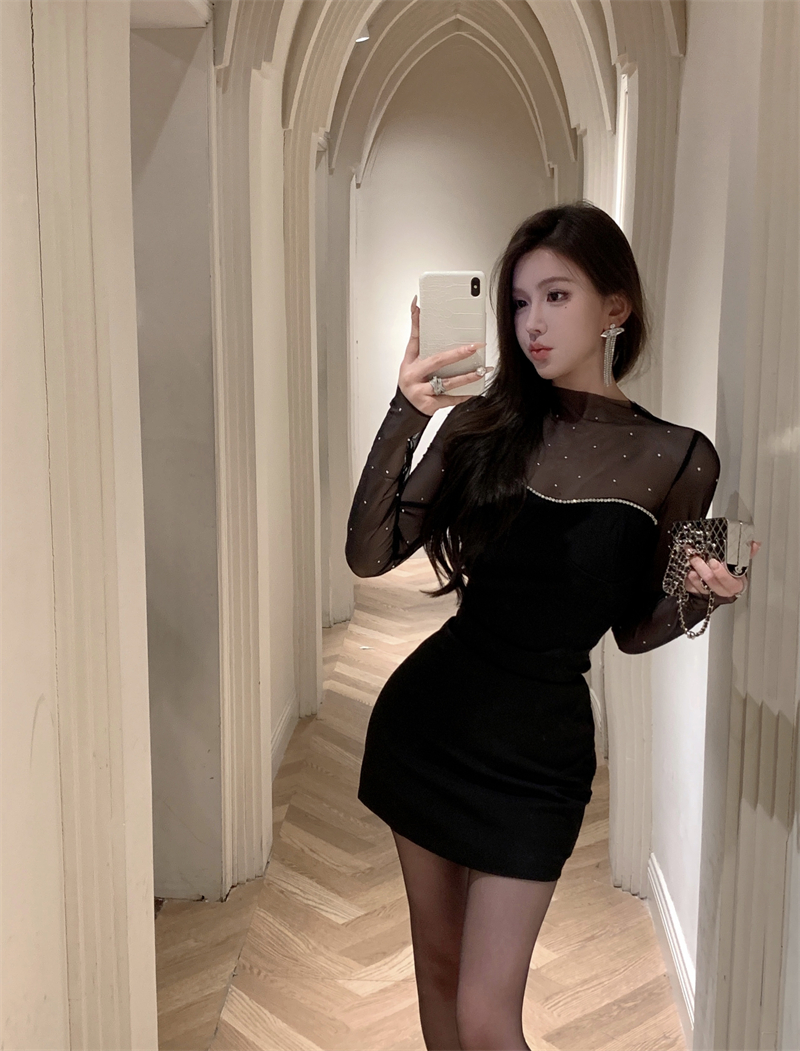 Real shot of sexy see-through diamond design slimming French A-line dress for women