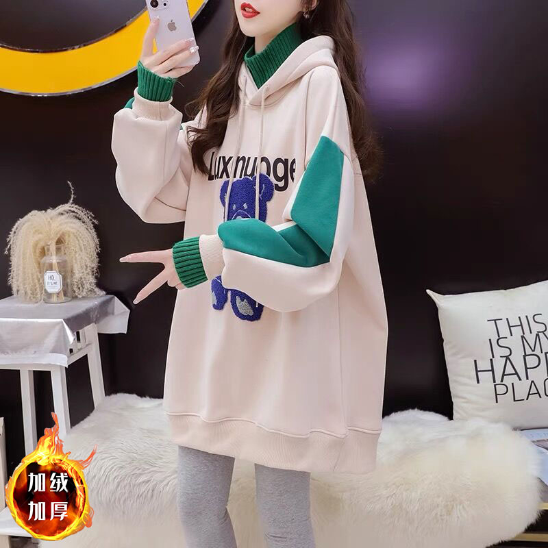 Pure cotton Chinese cotton composite silver fox velvet/back collar/embroidered hooded wool splicing plus velvet sweatshirt