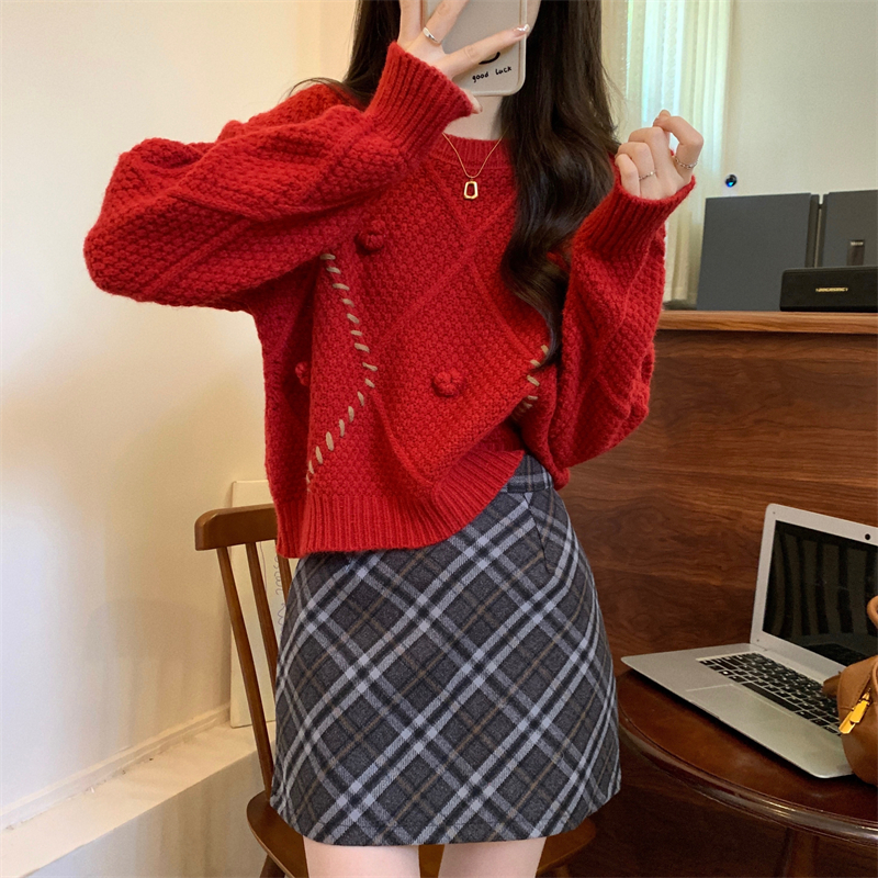 Actual shot of the new Korean-style design Christmas and New Year red high-quality pullover sweater