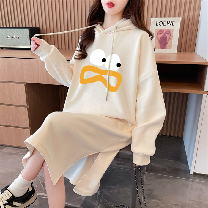 Actual shot of autumn and winter Korean style loose Chinese cotton composite 400g hooded printed over-the-knee dress plus velvet sweatshirt for women