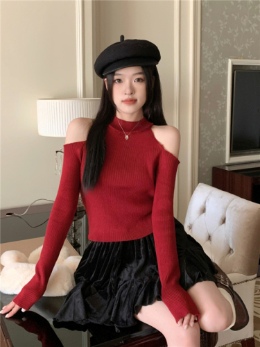 Actual shot of versatile off-shoulder knitwear for girls, women's 2023 small autumn and winter slim-fitting bottoming tops