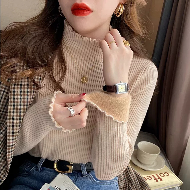 High collar inner velvet knitted sweater bottoming shirt top for women autumn and winter 2023 new style this year's popular sweater
