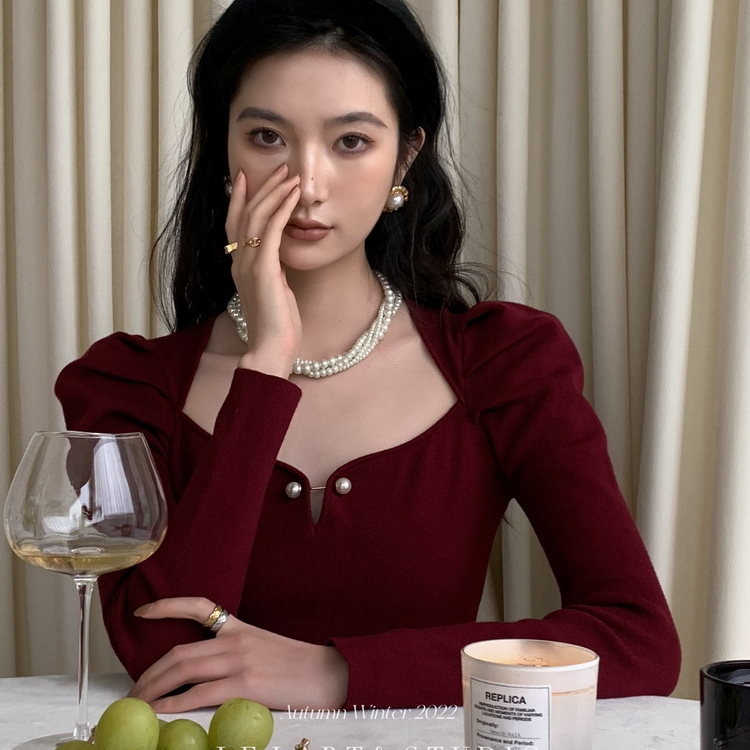 French Zodiac Year Knitted Sweater 2023 Autumn and Winter Christmas Red Pearl Button Slim Fit Puff Sleeve Sweater for Women