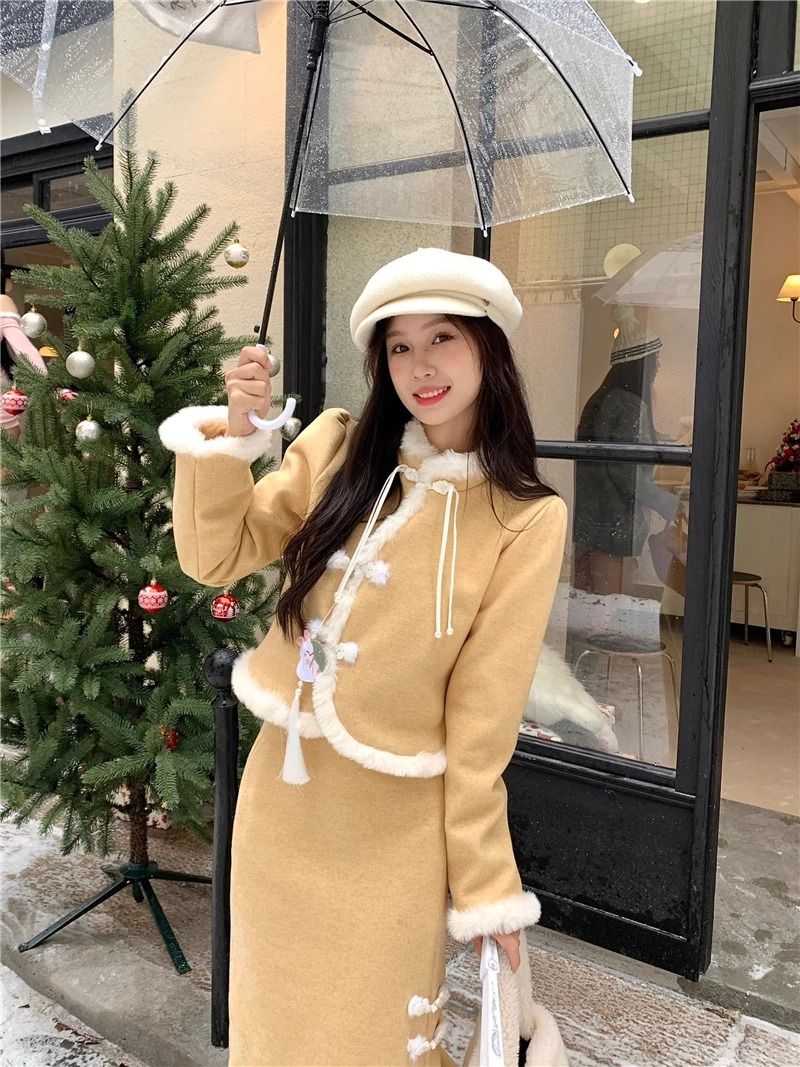 新中式高級感加絨加厚氣質盤扣外套半身長裙女冬季2023新款兩件套