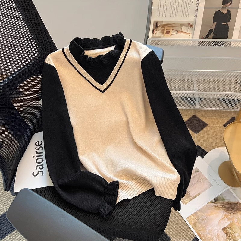 Women's college style autumn and winter new fungus bottoming sweater tops fake two-piece set doll collar sweater