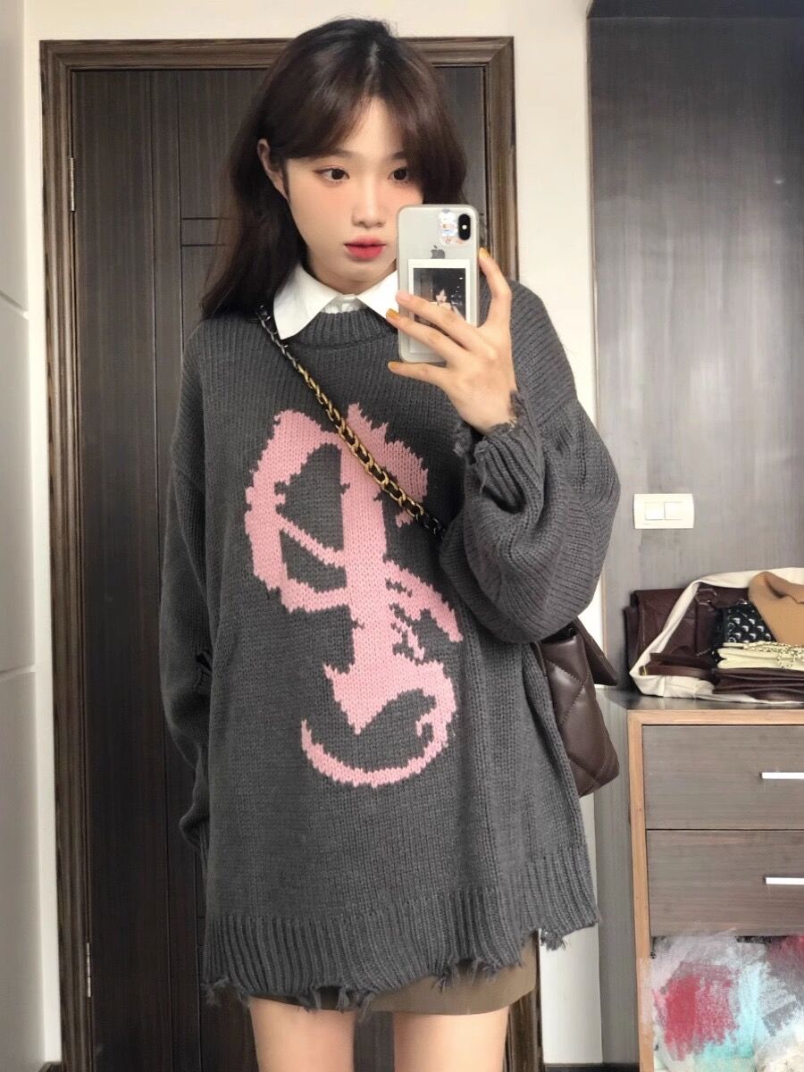 美式慵懶風復古做舊毛衣女秋冬季寬鬆小眾圓領套頭針織衫上衣外套