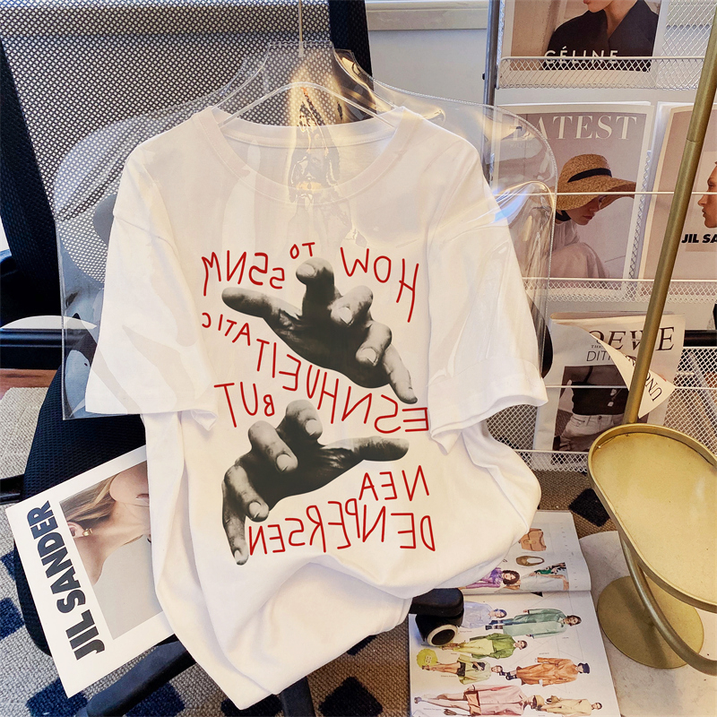 Real shot 100% cotton combed cotton printed summer short-sleeved T-shirt women's loose Korean version