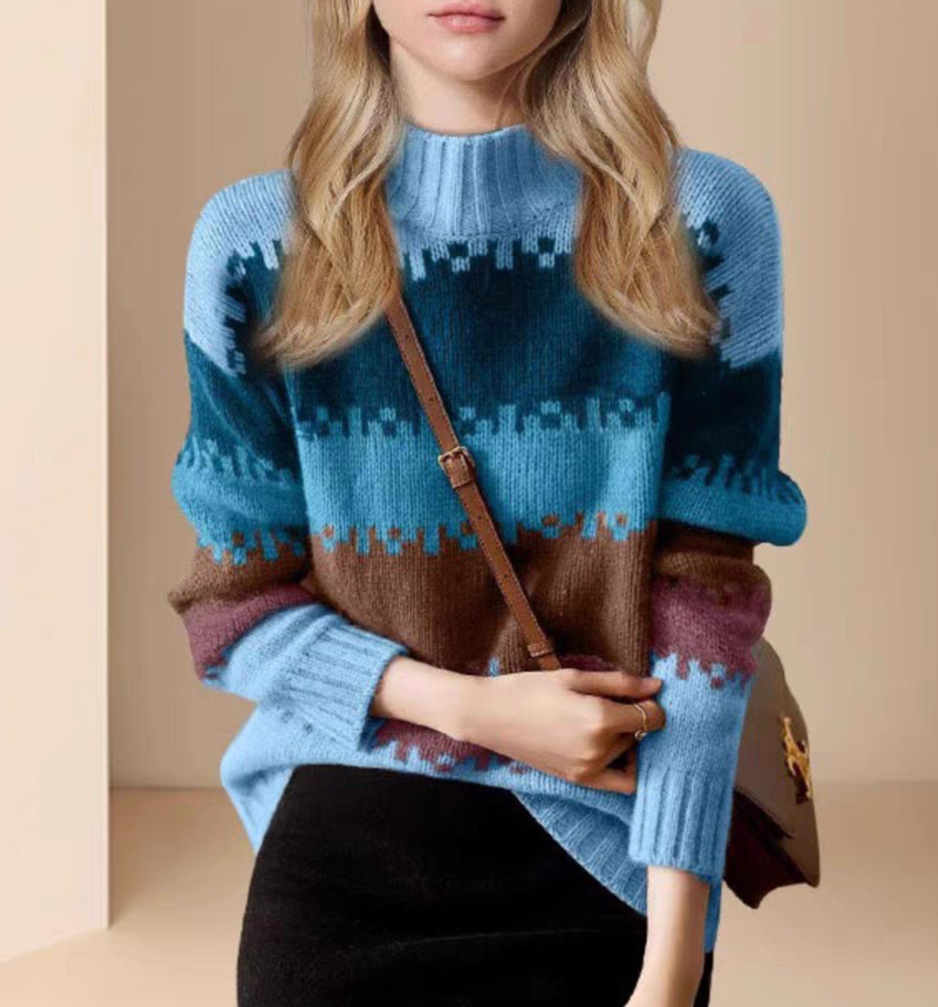 Fashionable bottoming retro contrasting half-turtleneck sweater for women winter 2023 new European style design sweater top