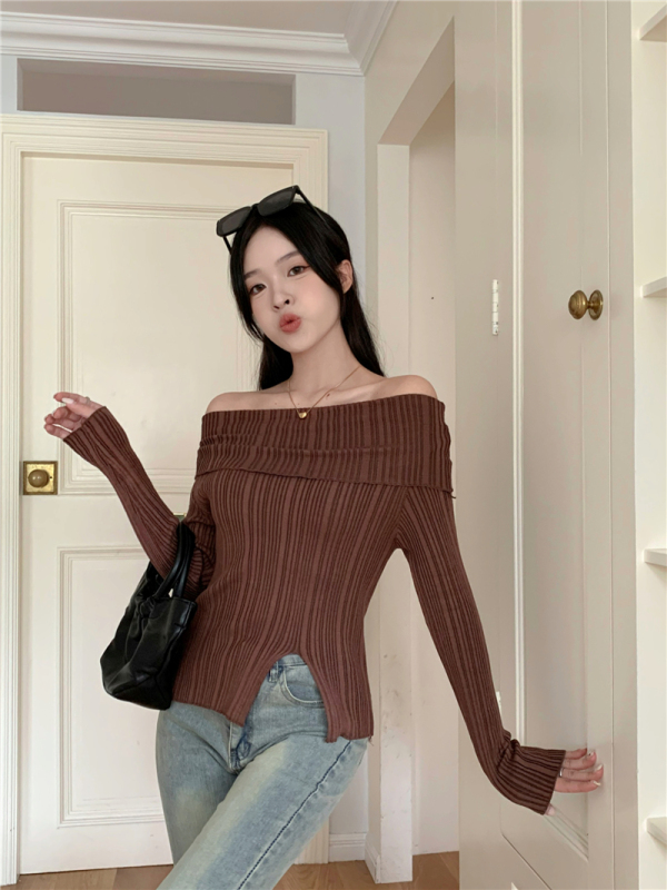 Real shot of hot girl one-shoulder long-sleeved knitted bottoming shirt for women in autumn and winter new style irregular slim short top