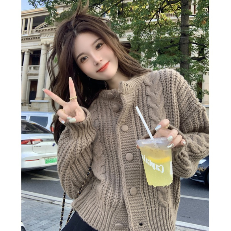 秋冬新款法式杏色軟糯毛衣外套慵懶高級感針織開衫冬季上衣女裝厚