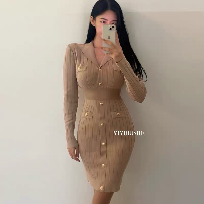 French style Xiaoxiangfeng Yujie high-end exquisite knitted dress polo collar waist slim fit hip skirt autumn