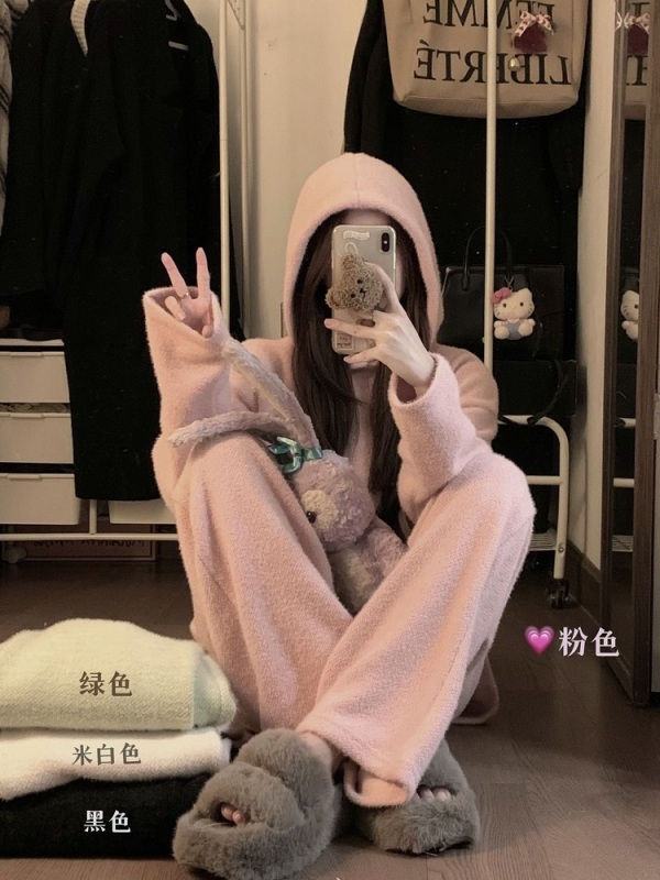 Actual shot of gold grain thickened warm lazy style suit winter new soft plush hoodie + casual pants