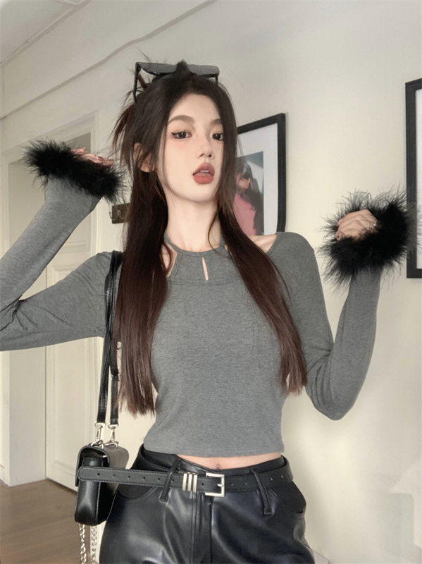 Real shot of furry splicing fake two-piece hollow halterneck long-sleeved pure desire slim-fitting short inner top and bottoming shirt