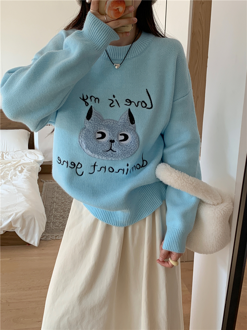 實拍 馬海毛甜美可愛貓刺繡套頭毛衣女寬鬆上衣