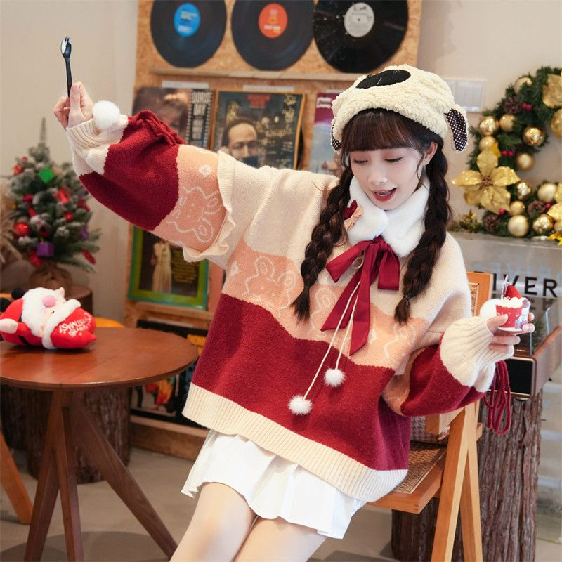 984#秋冬新款聖誕戰袍毛衣女外套學院風中長款針織衫長袖v領上衣