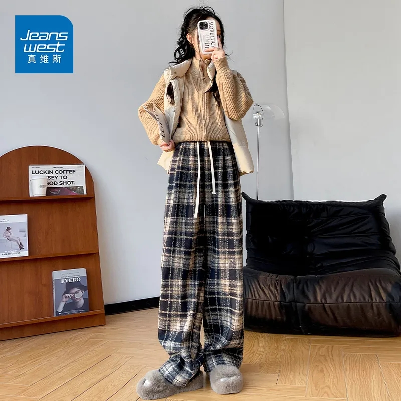 美拉德加絨毛呢格子褲女2023秋冬新款高腰顯瘦直筒加絨加厚闊腿褲