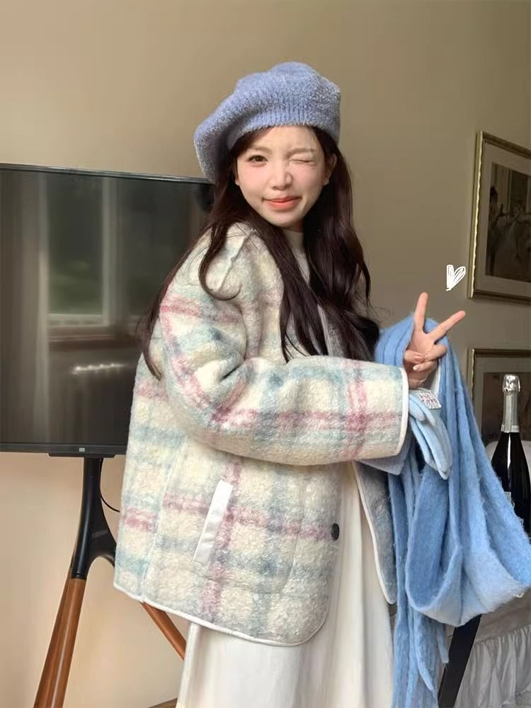 仿羊羔毛格子外套女裝秋冬韓版2023新款兩面穿設計感寬鬆長袖上衣