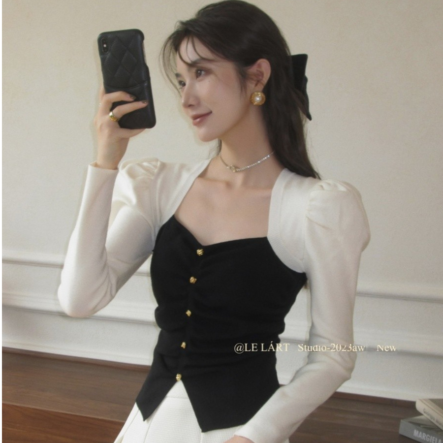 French style color block Hepburn style knitted sweater square neck sweater 2023 autumn and winter new elegant princess sleeve top