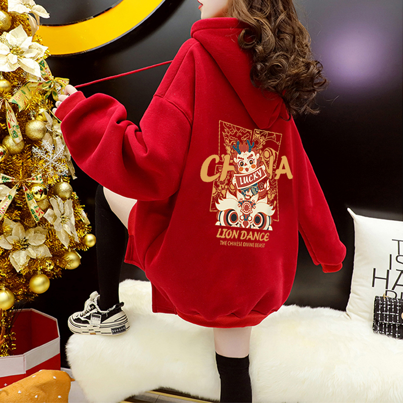 Imitation Chinese cotton velvet autumn and winter 2024 Super Year of the Fire Dragon printed loose hooded plus velvet sweatshirt