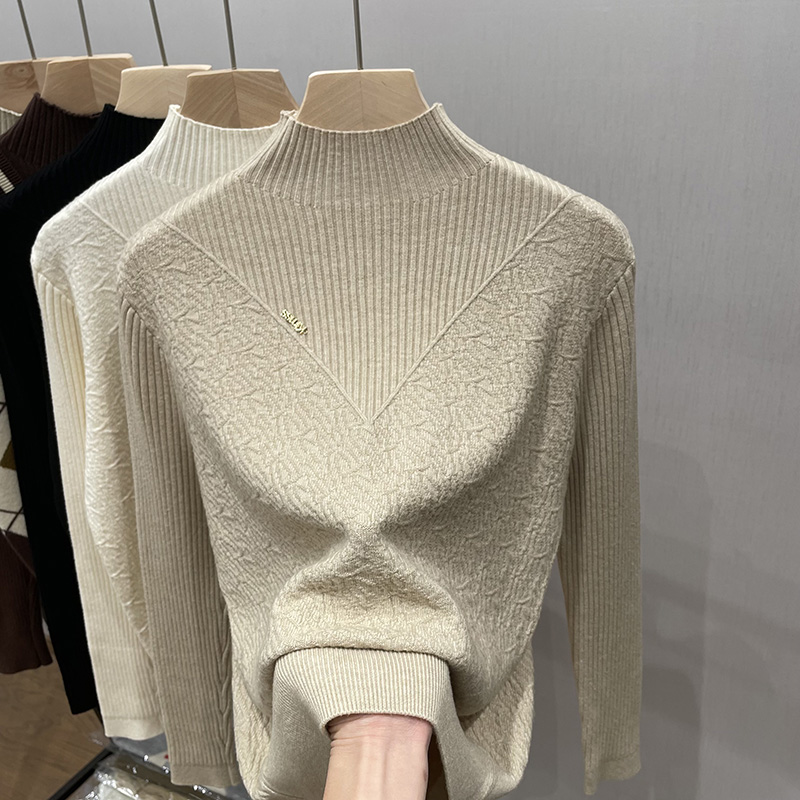 半高領打底衫女秋冬加厚年新款假兩件中領寬鬆毛衣內搭上衣