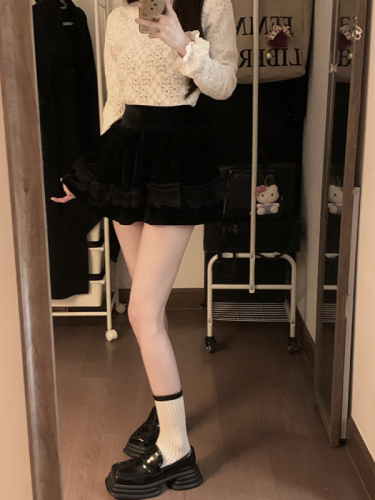 Actual shot ~ Autumn and winter new Korean style versatile velvet fluffy lace high waist cake skirt for women