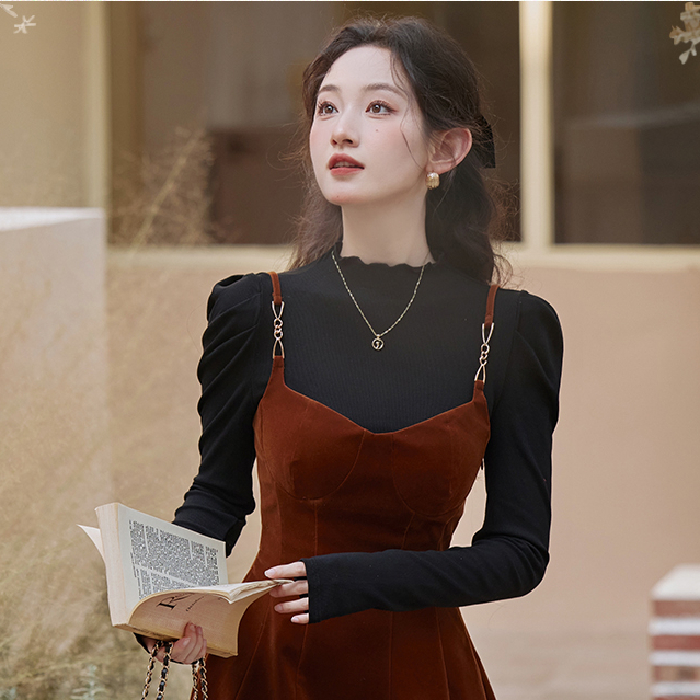 Gold velvet fabric large size fat mm suspender skirt suit women's autumn and winter new retro French dress slim fit