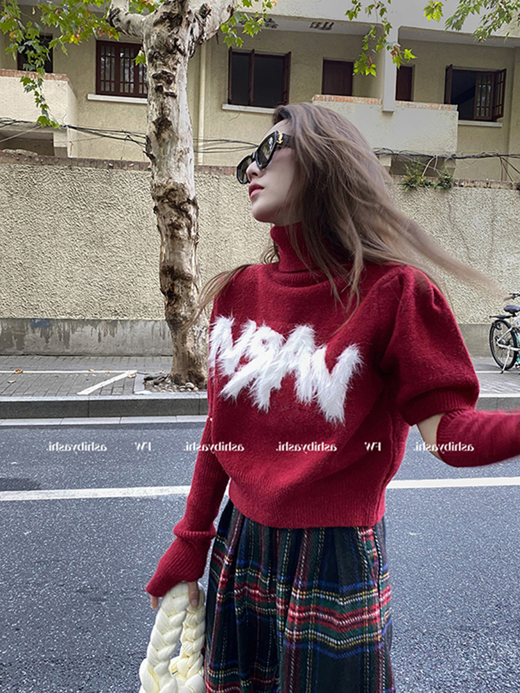 Red high-neck sweater for women in autumn and winter design niche pure desire letter puff sleeve Christmas knitted top