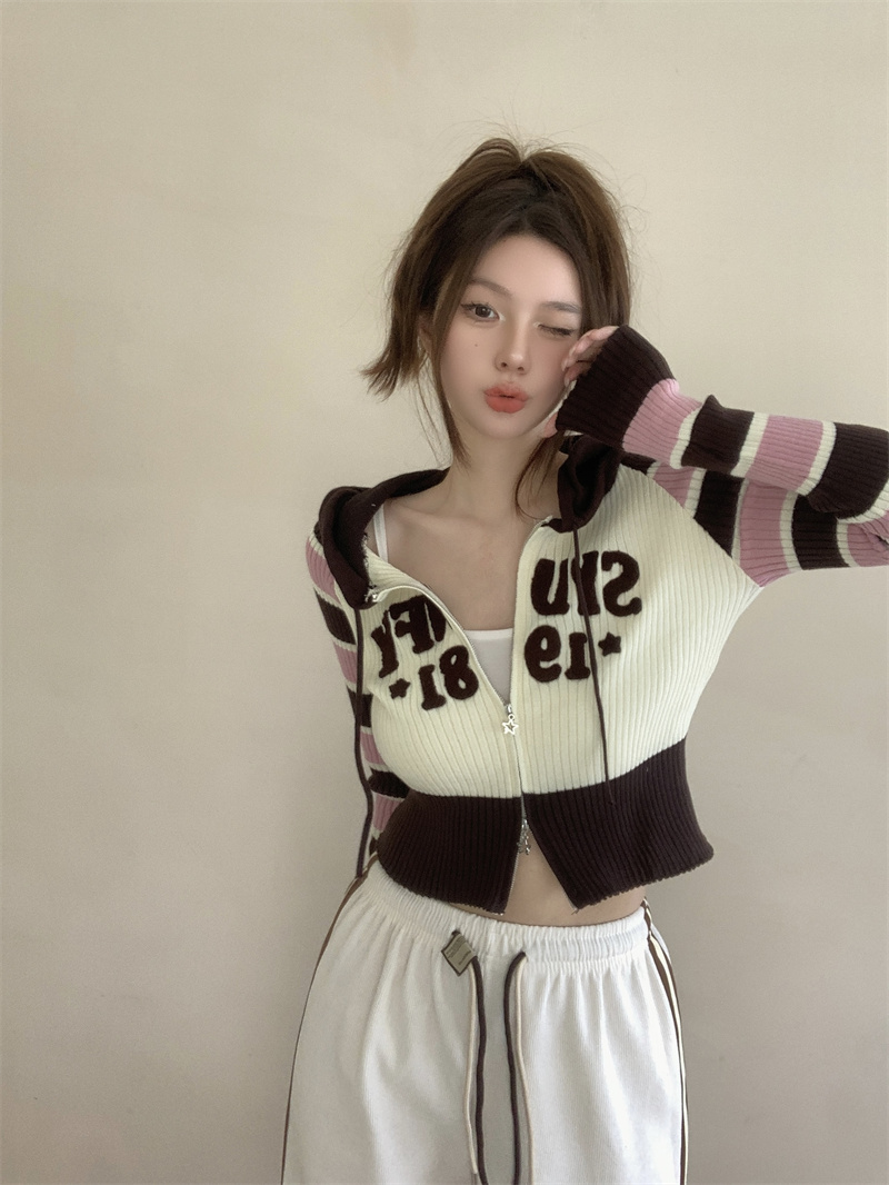 實拍  秋款美式復古撞色條紋雙拉鏈連帽開衫女長袖針織衫