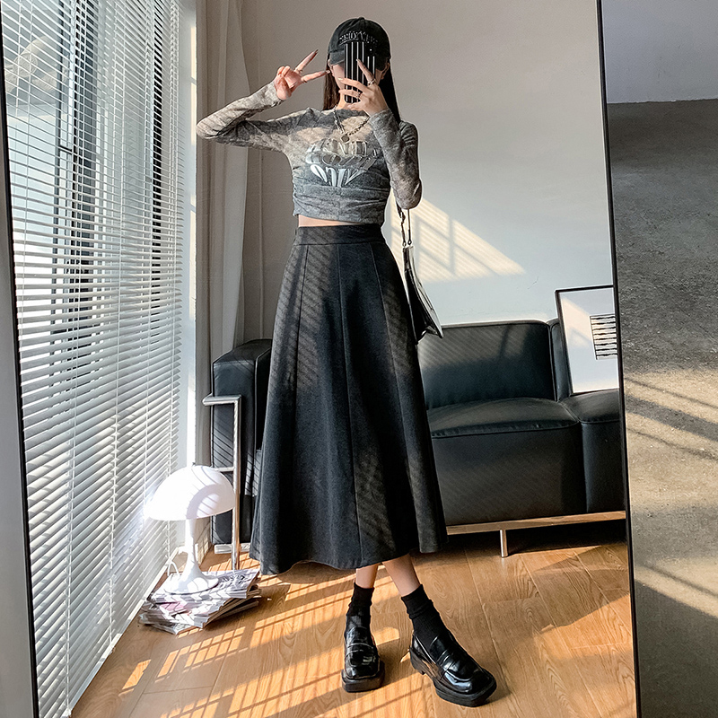 實拍~2023高腰毛呢中長裙女秋冬新款遮胯顯瘦A字鬆緊腰半身傘裙潮