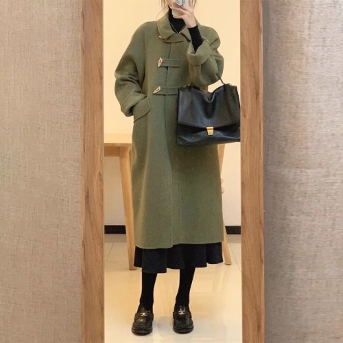 Green horn button woolen coat for women autumn and winter 2023 new high-end small Hepburn style woolen coat