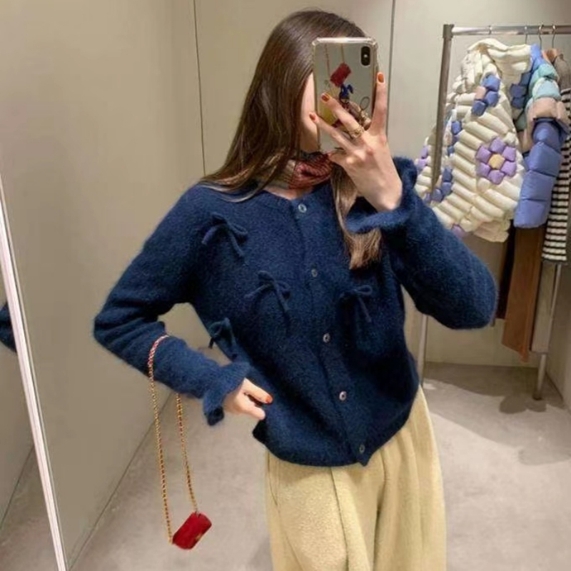 馬海毛蝴蝶結毛衣女冬季法式復古小個子喇叭袖軟糯針織開衫上衣潮