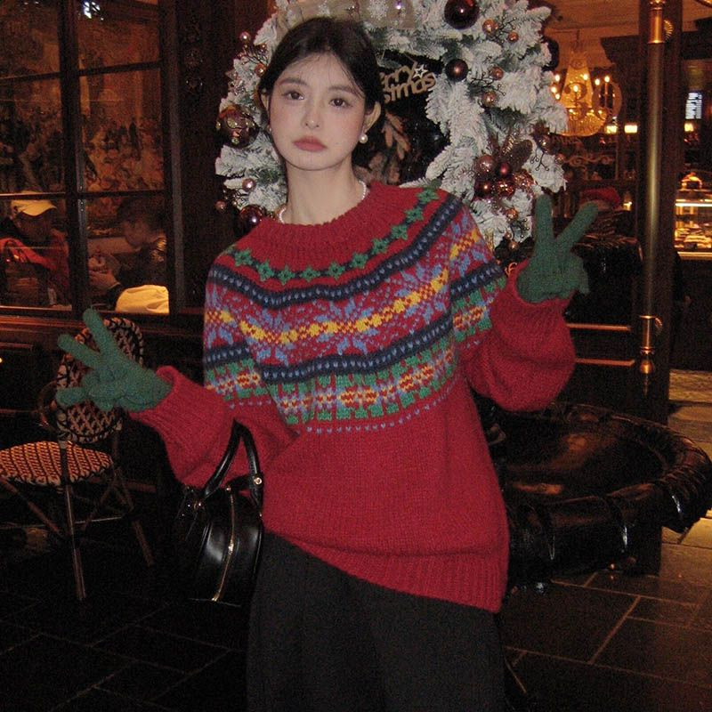 218#復古甜酷聖誕花紋撞色毛衣女慵懶風紅色針織衫