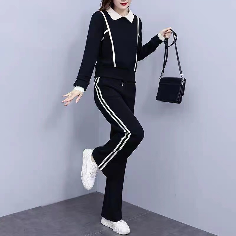 Casual sportswear suit for women 2023 spring and autumn Korean style style age-reducing lapel sweatshirt and trousers two-piece set