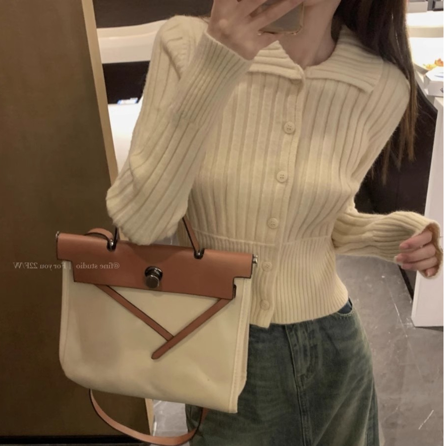 Korean style short pit lapel sweater for women autumn and winter design waist slim fit inner cardigan top