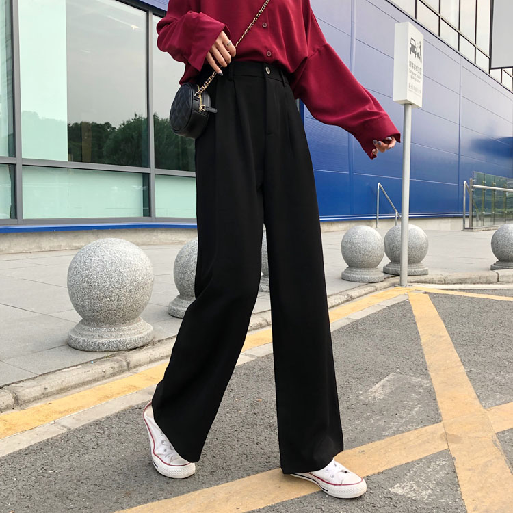實拍~韓版黑色高腰顯瘦直筒褲闊腿褲拖地褲長褲女