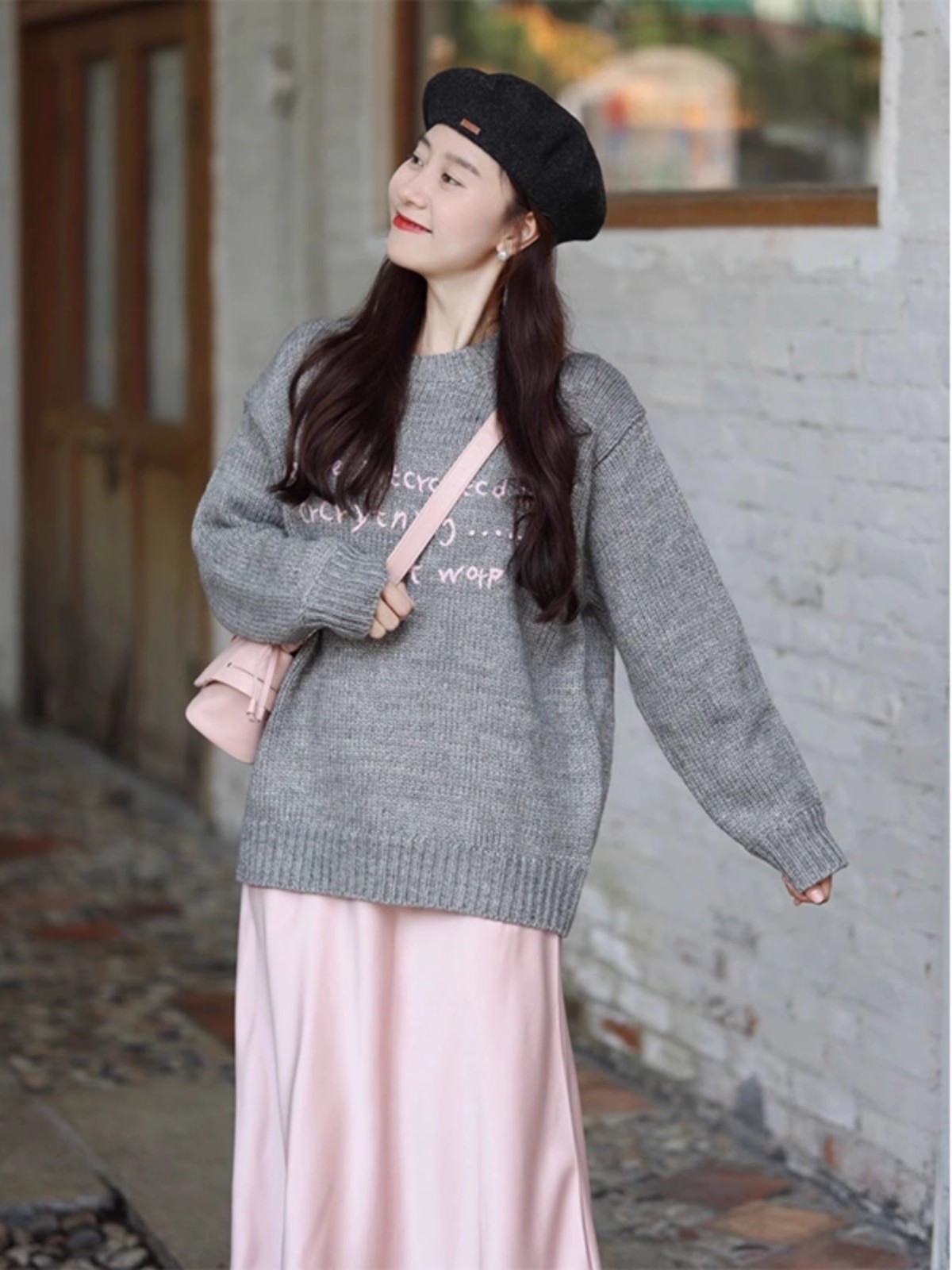 COCO STUDIO autumn and winter new style lazy style gentle loose casual contrast color pullover letter embroidered sweater for women