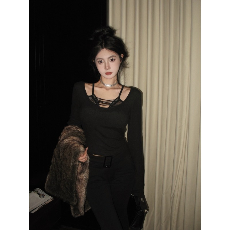 羅紋德絨 秋冬季新款黑色假兩件T恤女性感修身內搭長袖打底衫上衣