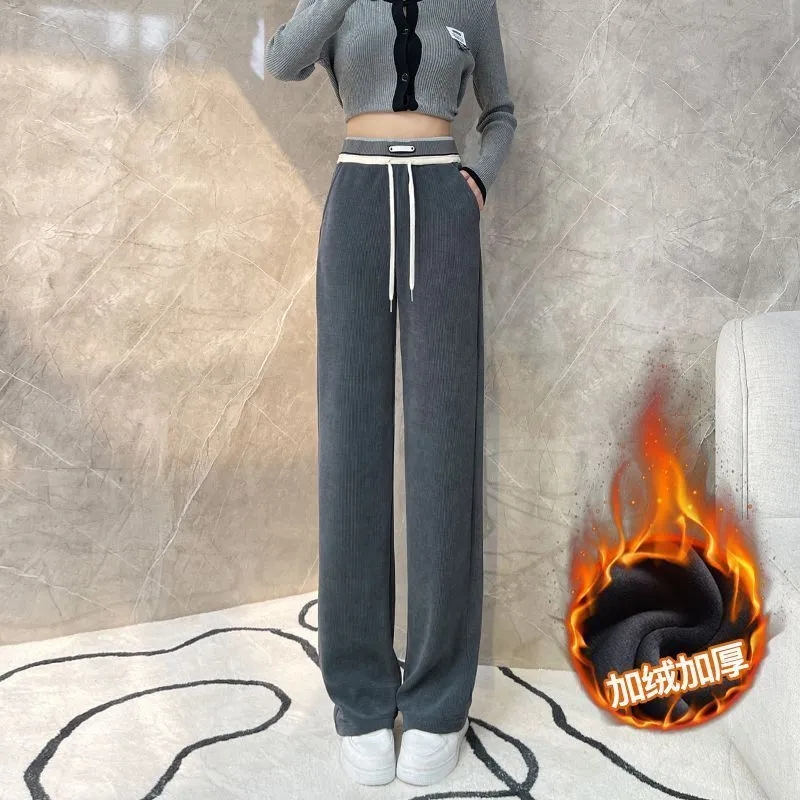 Gray Chenille Wide Leg Pants Women's 2023 Autumn and Winter New High Waist Drape Narrow Straight Pants Corduroy Casual Pants